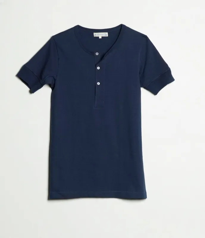 Merz b. Schwanen 207 Short Sleeve Henley - Ink Blue sold by Son of a Stag