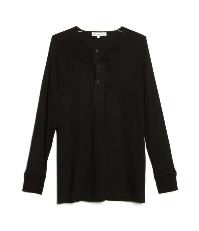 Merz b. Schwanen 102 Lightweight Long Sleeve Henley - Deep Black sold by Son of a Stag