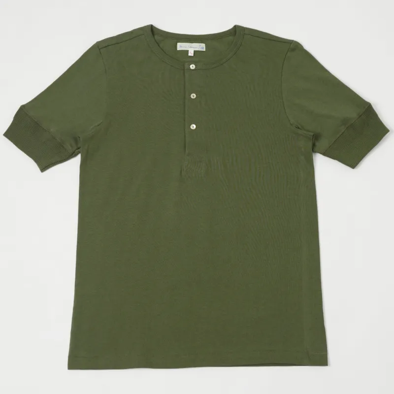 Merz b. Schwanen 207 Short Sleeve Henley - Army Green sold by Son of a Stag