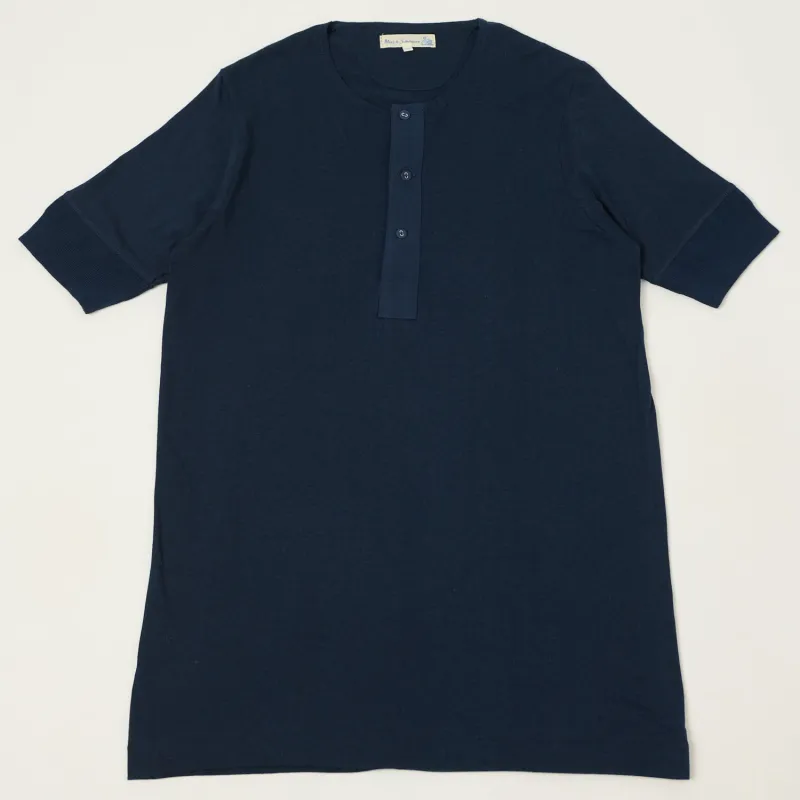 Merz b. Schwanen 103 Lightweight Short Sleeve Henley - Ink Blue sold by Son of a Stag