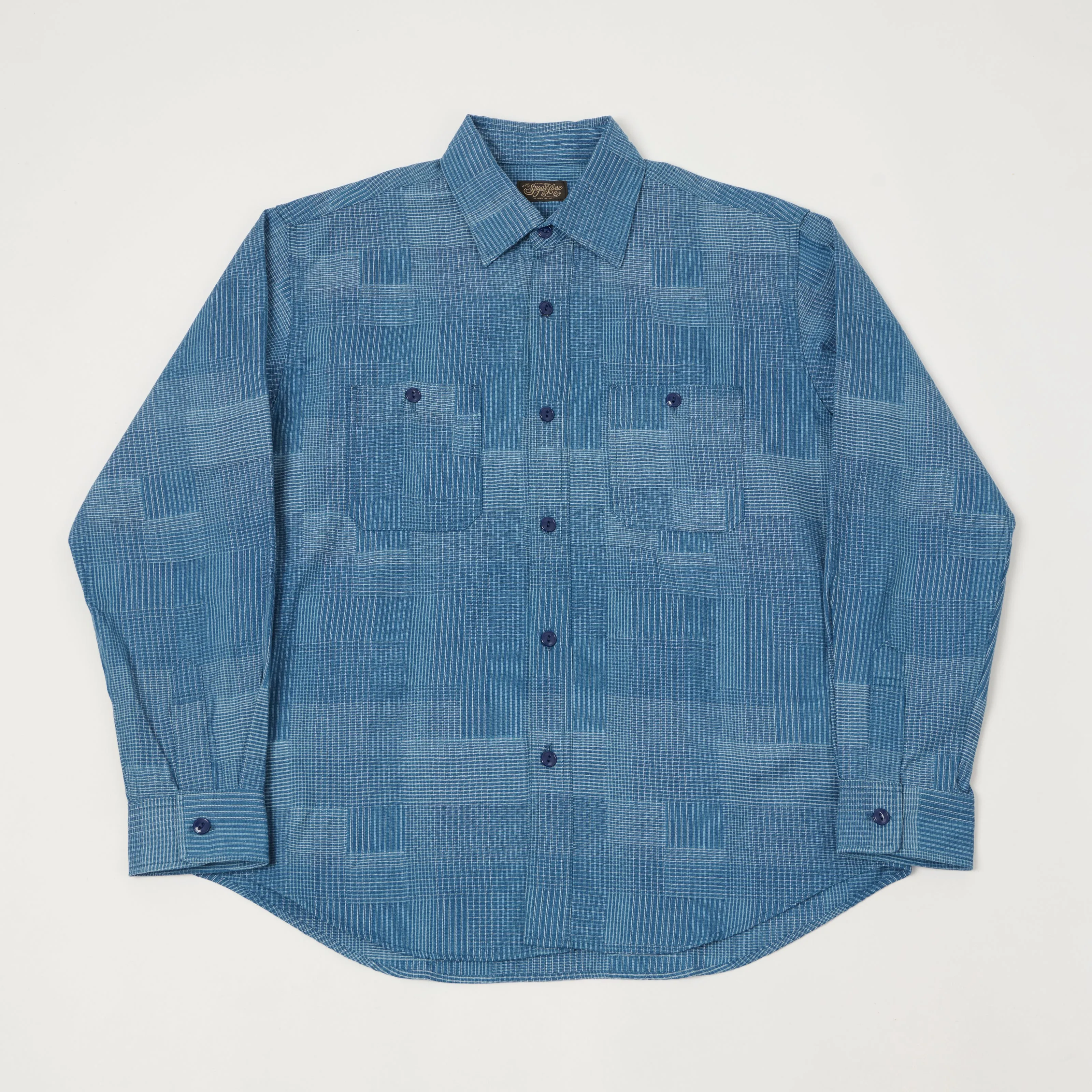 Sugar Cane Multi Check 'Patchwork' Shirt - Light Indigo sold by Son of a Stag