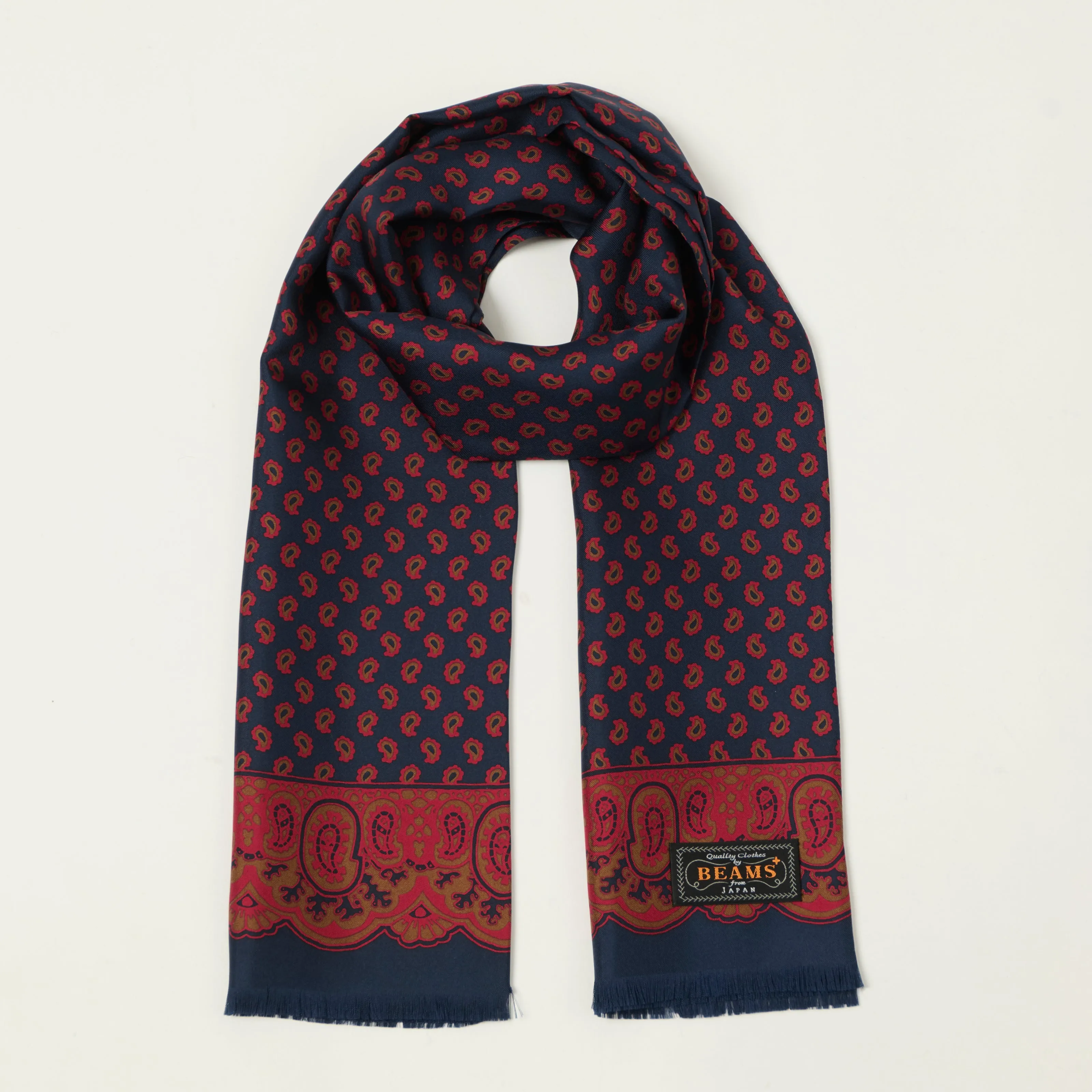 Beams Plus Geometric Print Silk Scarf - Navy sold by Son of a Stag