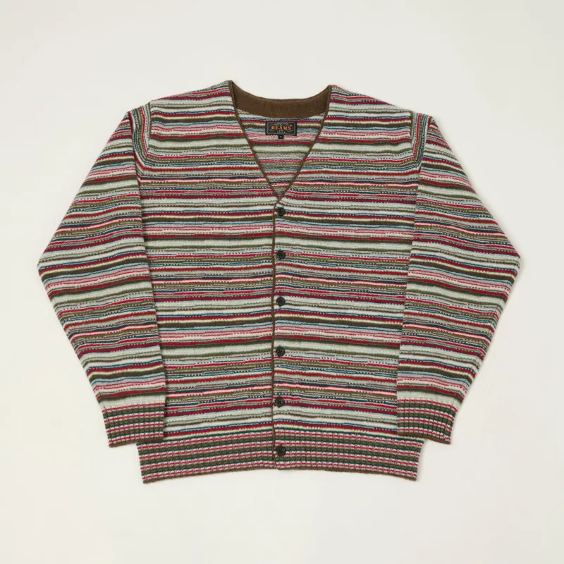 Beams Plus Jacquard Knit Stripe Cardigan - Red sold by Son of a Stag