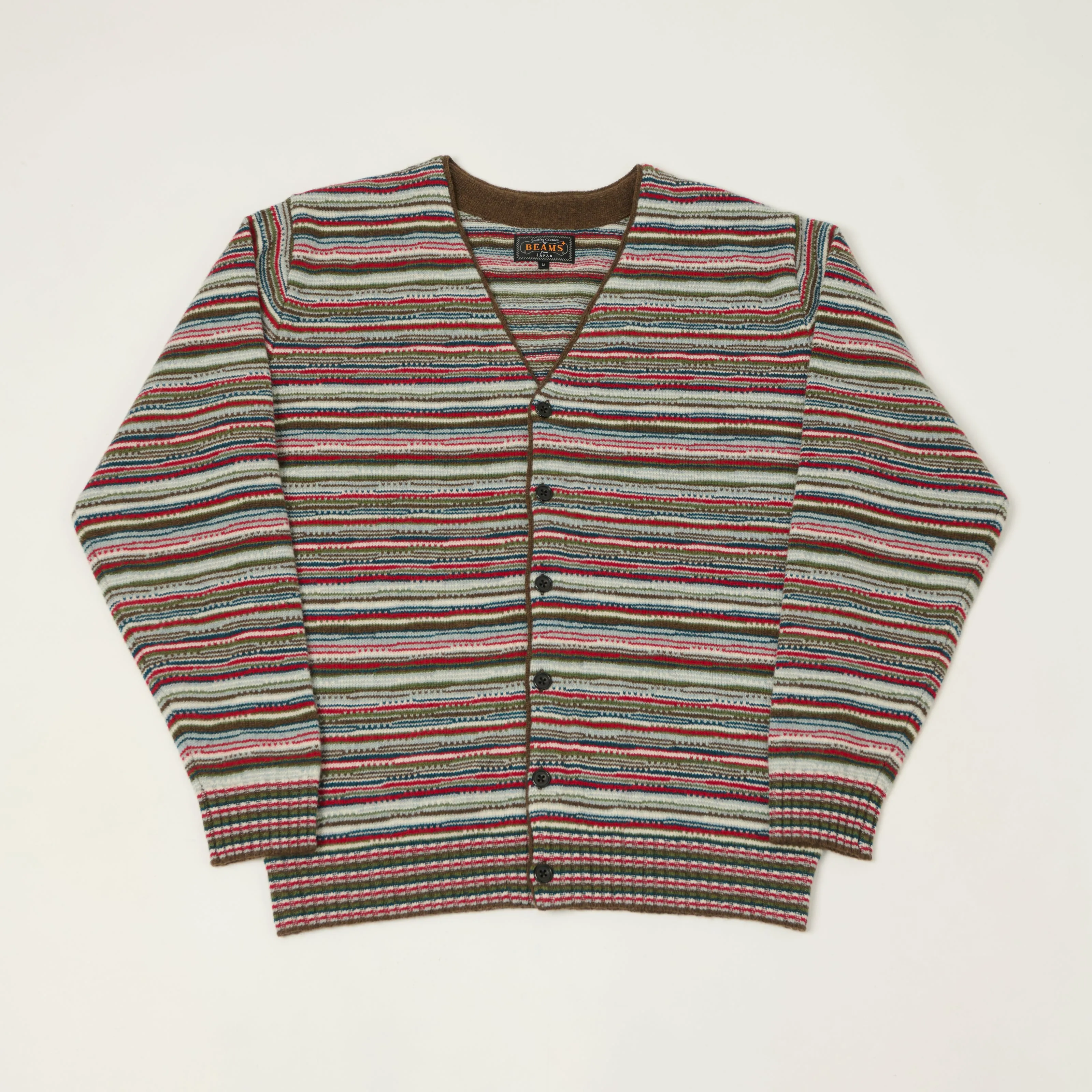 Beams Plus Jacquard Knit Stripe Cardigan - Red sold by Son of a Stag
