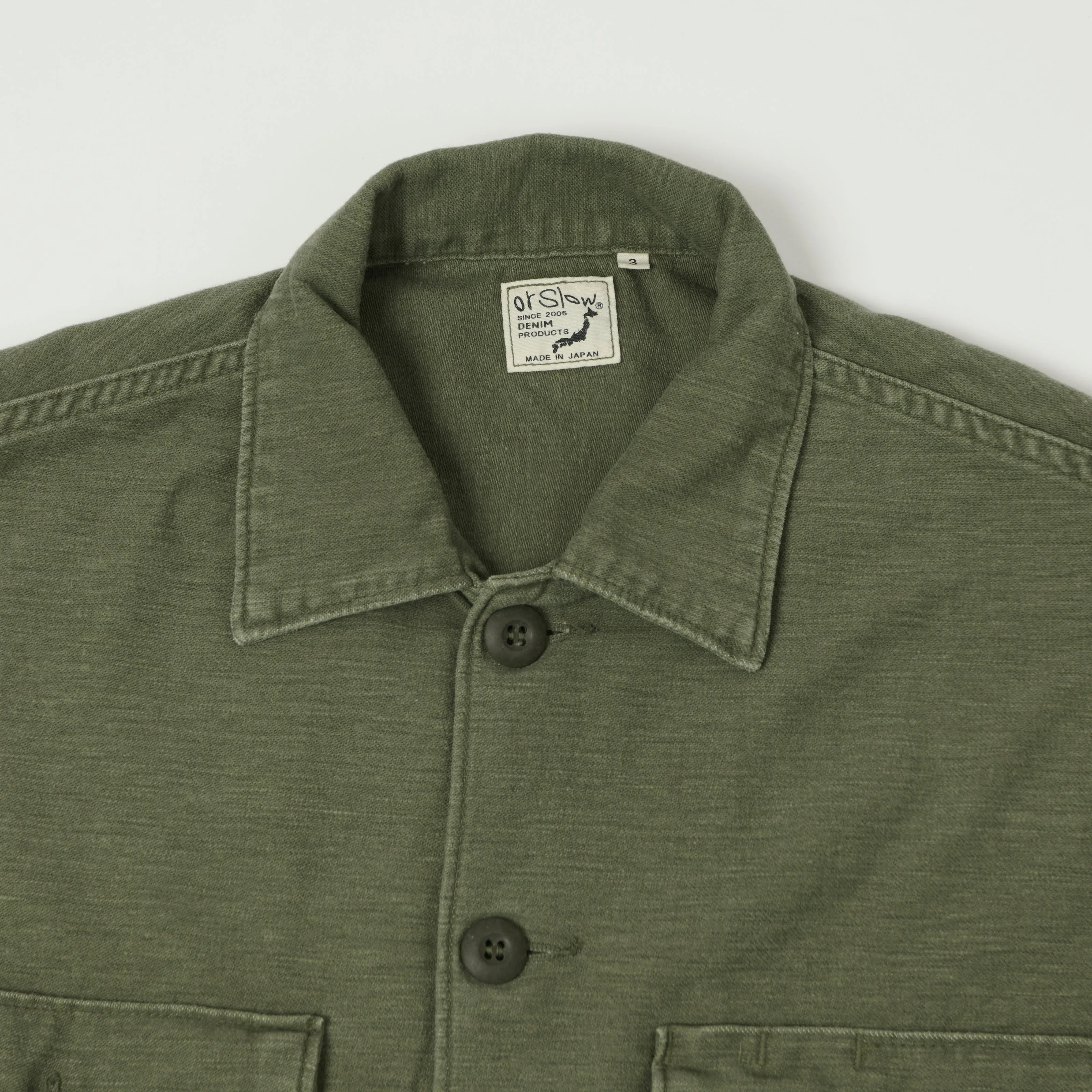 orSlow Contrast Pocket Sateen Overshirt - Olive Stone Wash sold by Son of a Stag product image thumbnail 2