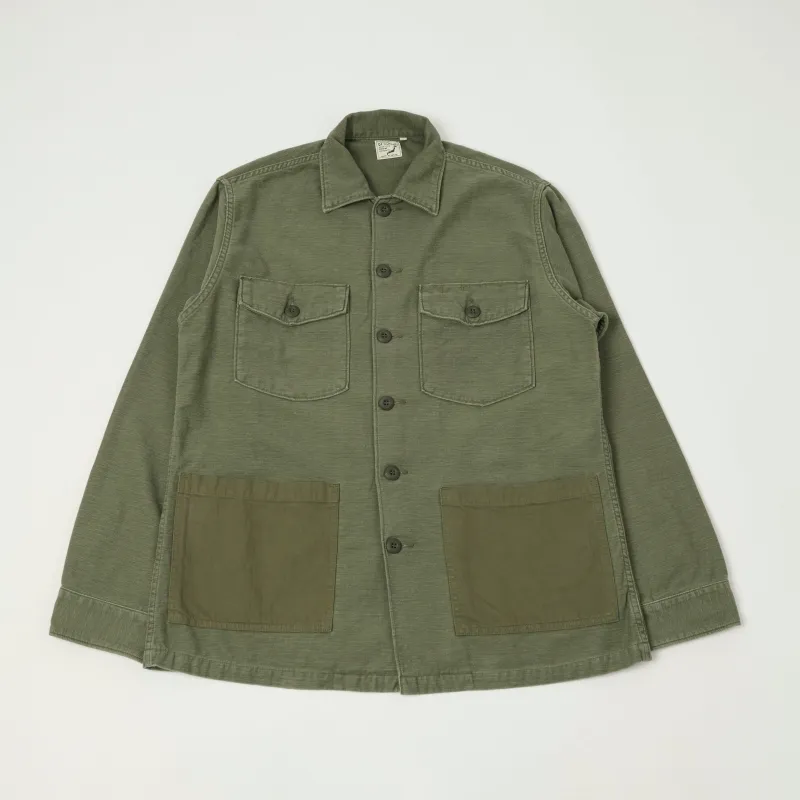 orSlow Contrast Pocket Sateen Overshirt - Olive Stone Wash made by orSlow