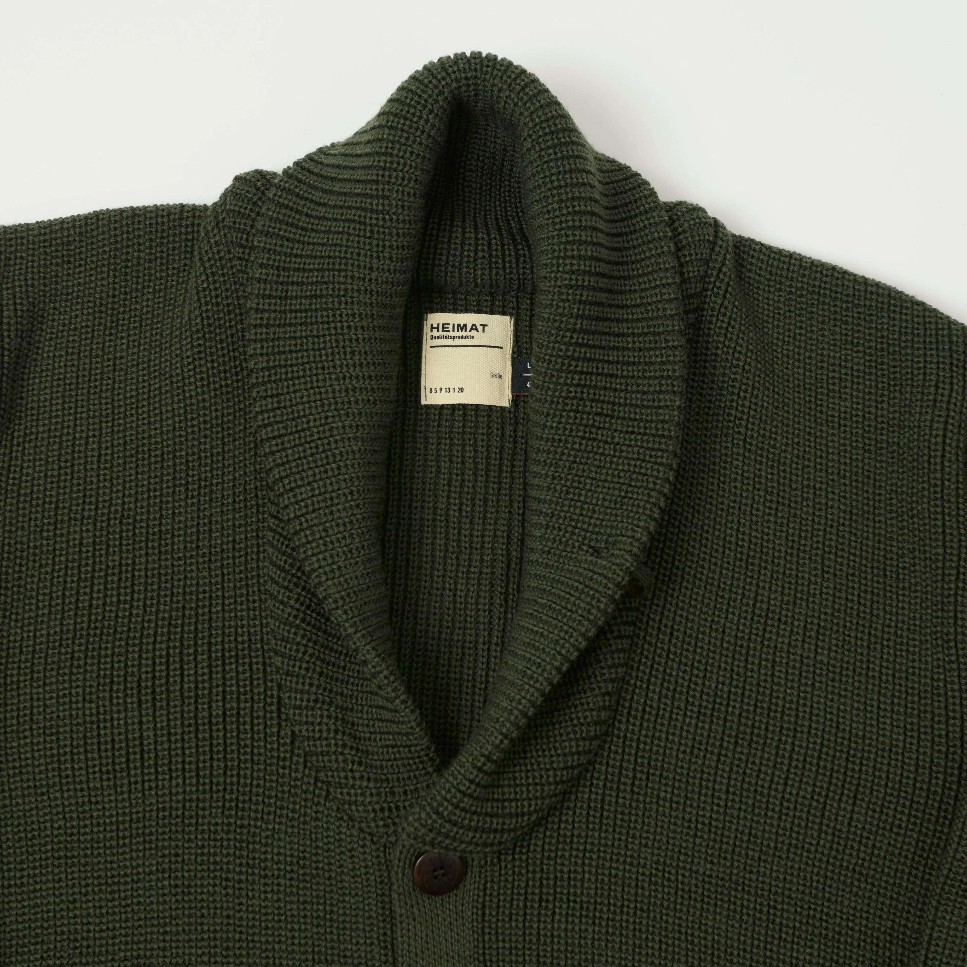 Heimat 'Eiger' Shawl Collar Cardigan - Military Green sold by Son of a Stag product image thumbnail 2