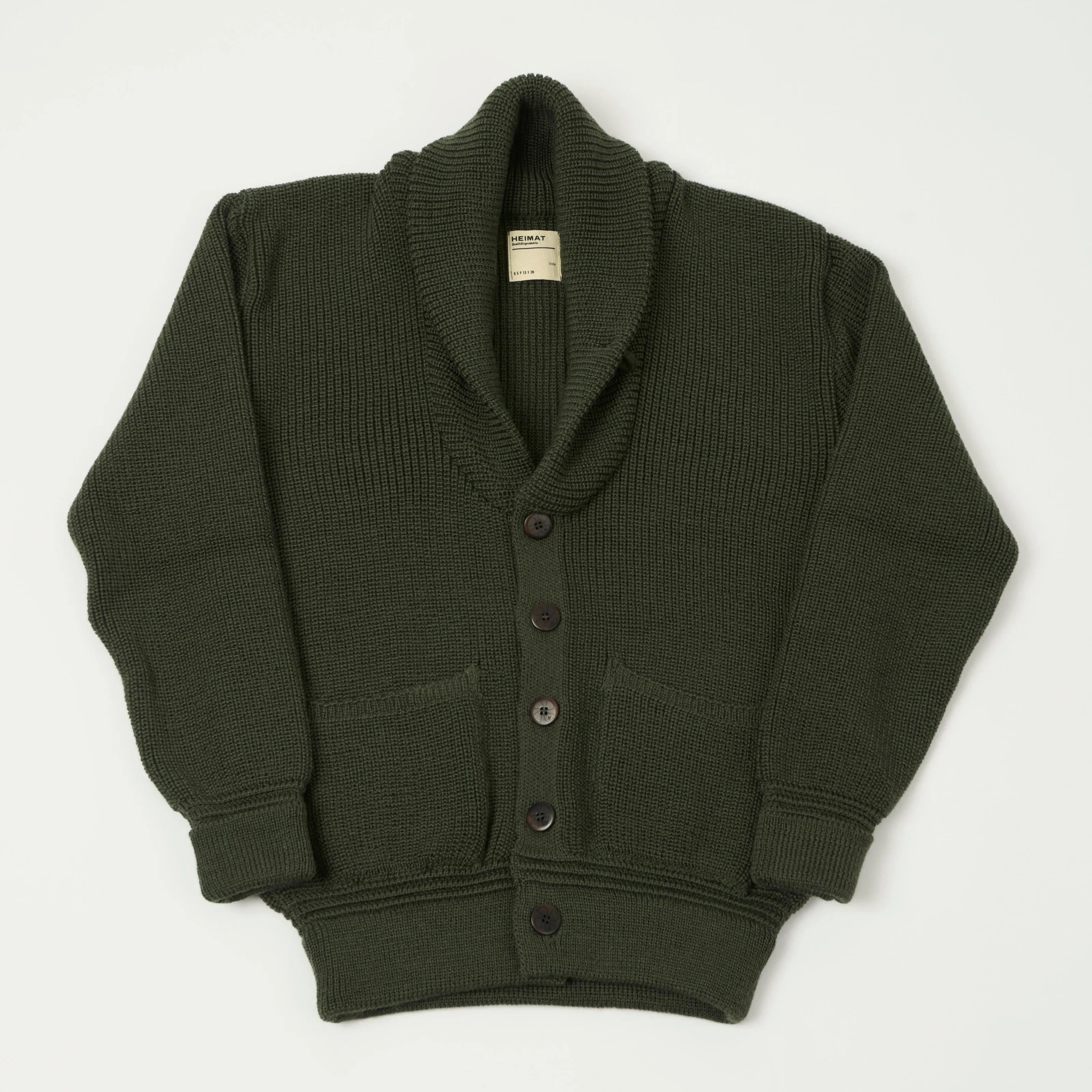 Heimat 'Eiger' Shawl Collar Cardigan - Military Green sold by Son of a Stag