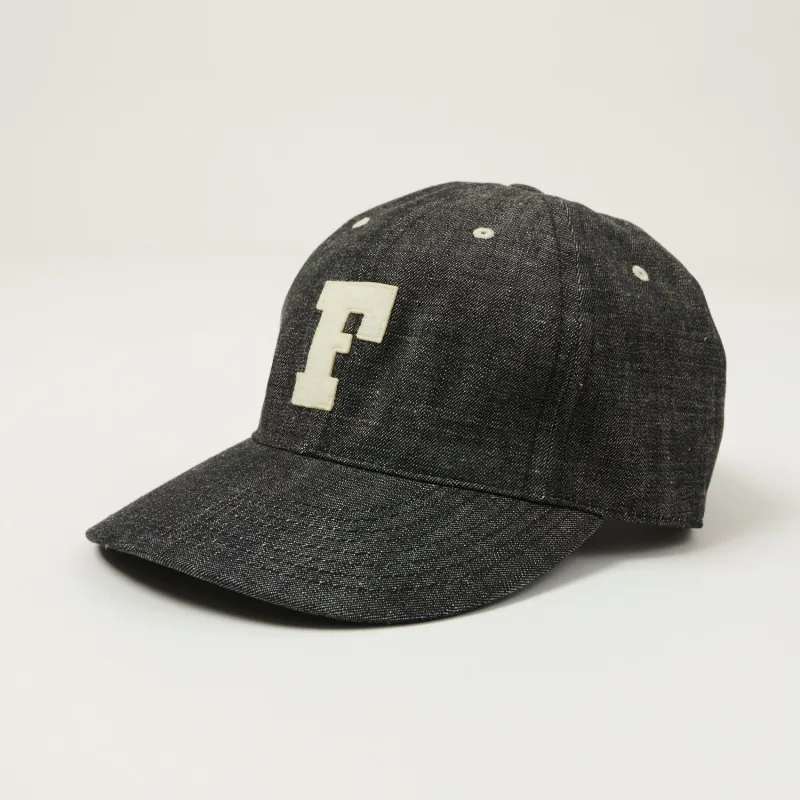 FULLCOUNT 6843 Six Panel Denim Baseball ’F’ Letterman Cap - Black sold by Son of a Stag