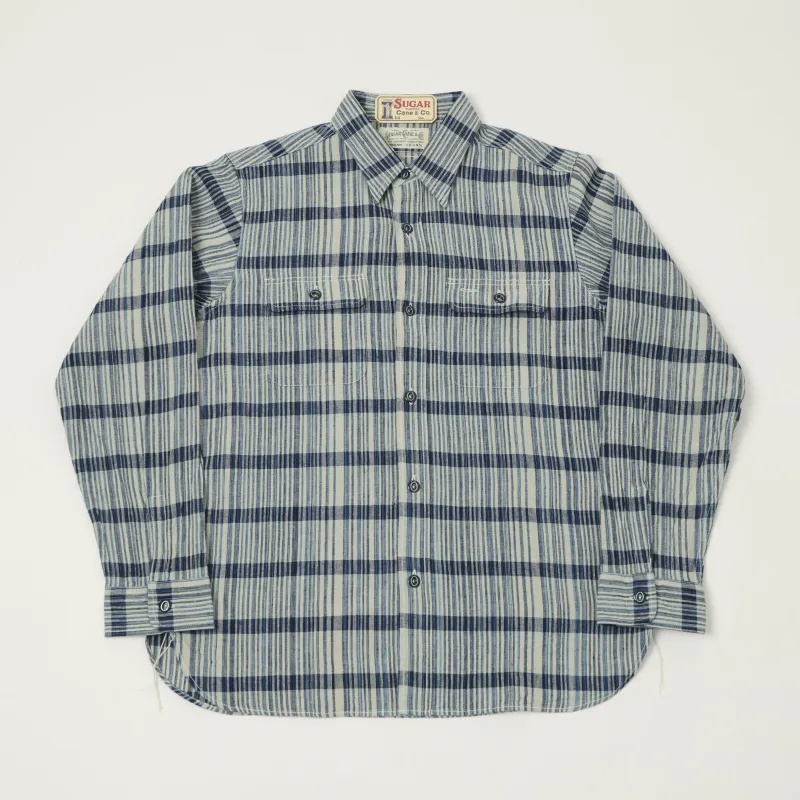 Sugar Cane Indigo Check Work Shirt - White made by Sugar Cane