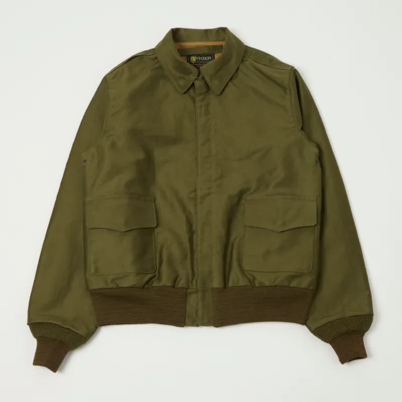 Buzz Rickson's 'Aviation Associates' Jungle Cloth A-2 Flight Jacket - Olive sold by Son of a Stag