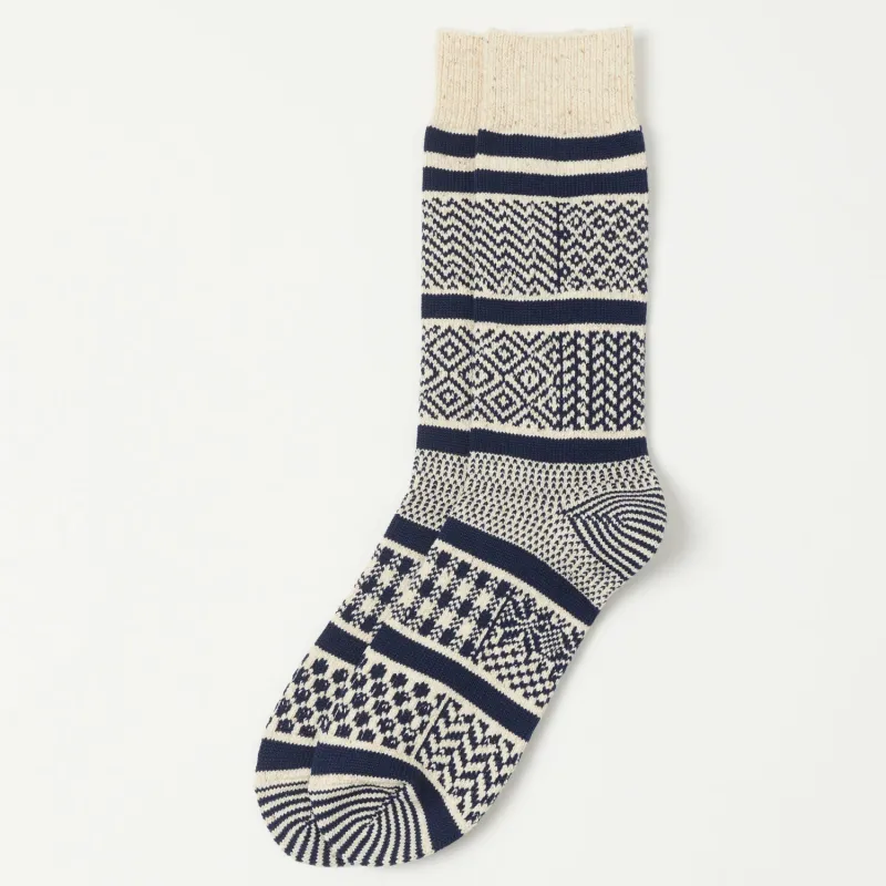 RoToTo Multi Jacquard Sock - Ivory/Navy sold by Son of a Stag