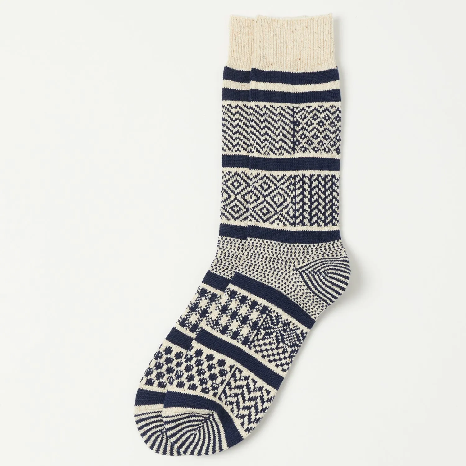 RoToTo Multi Jacquard Sock - Ivory/Navy sold by Son of a Stag