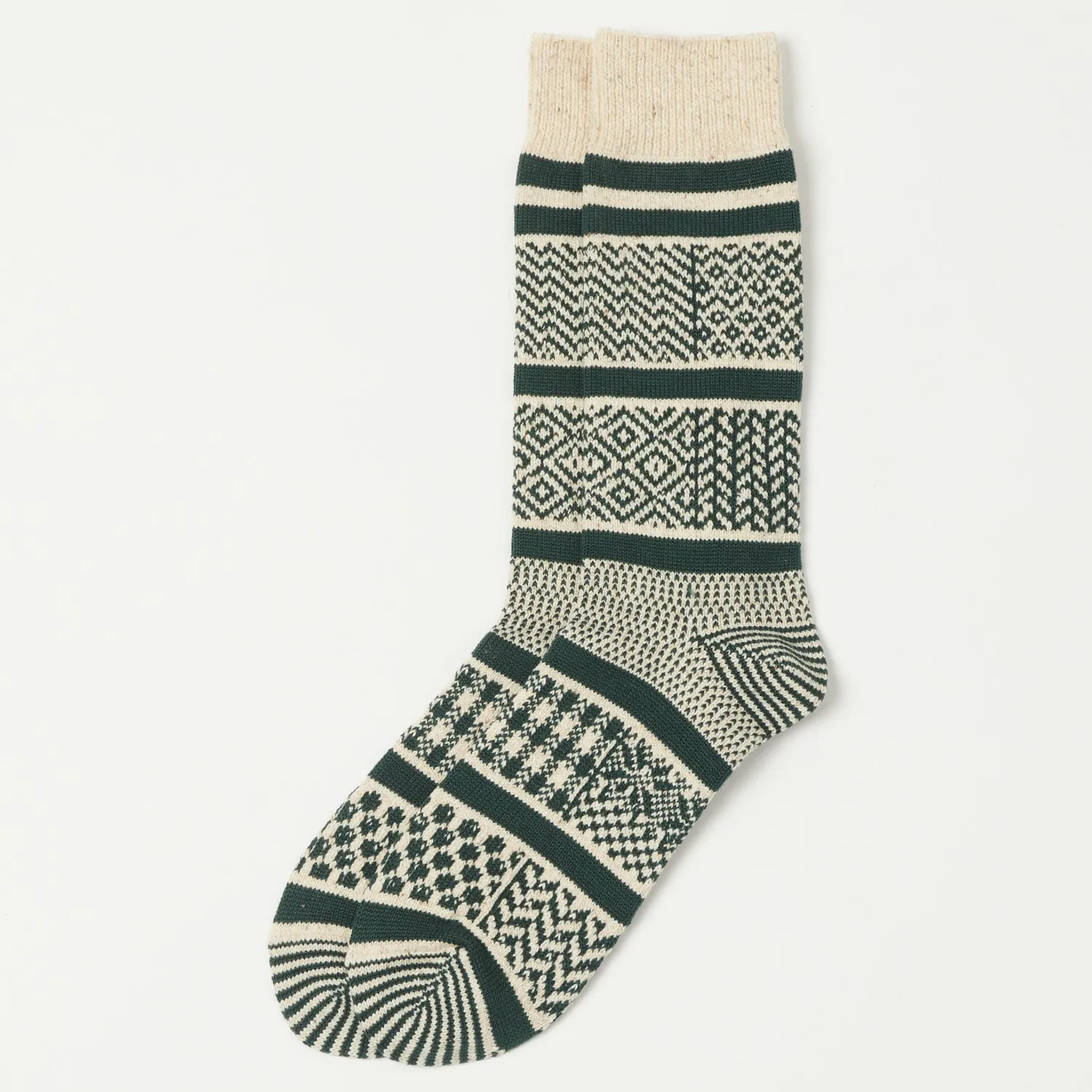 RoToTo Multi Jacquard Sock - Ivory/Dark Green sold by Son of a Stag