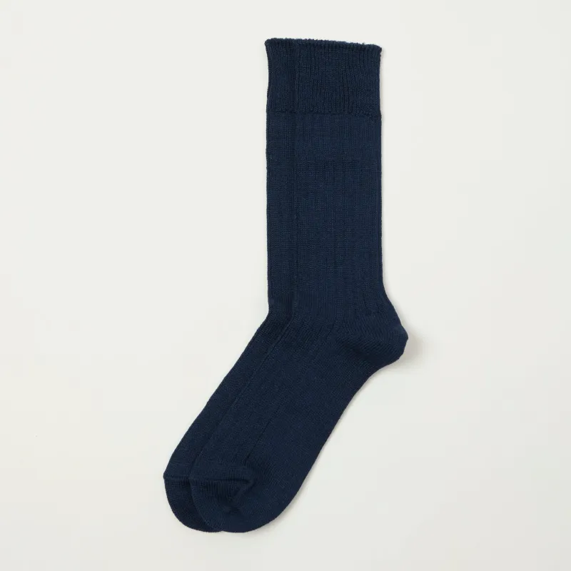 RoToTo Linen Cotton Ribbed Crew Sock - Navy sold by Son of a Stag