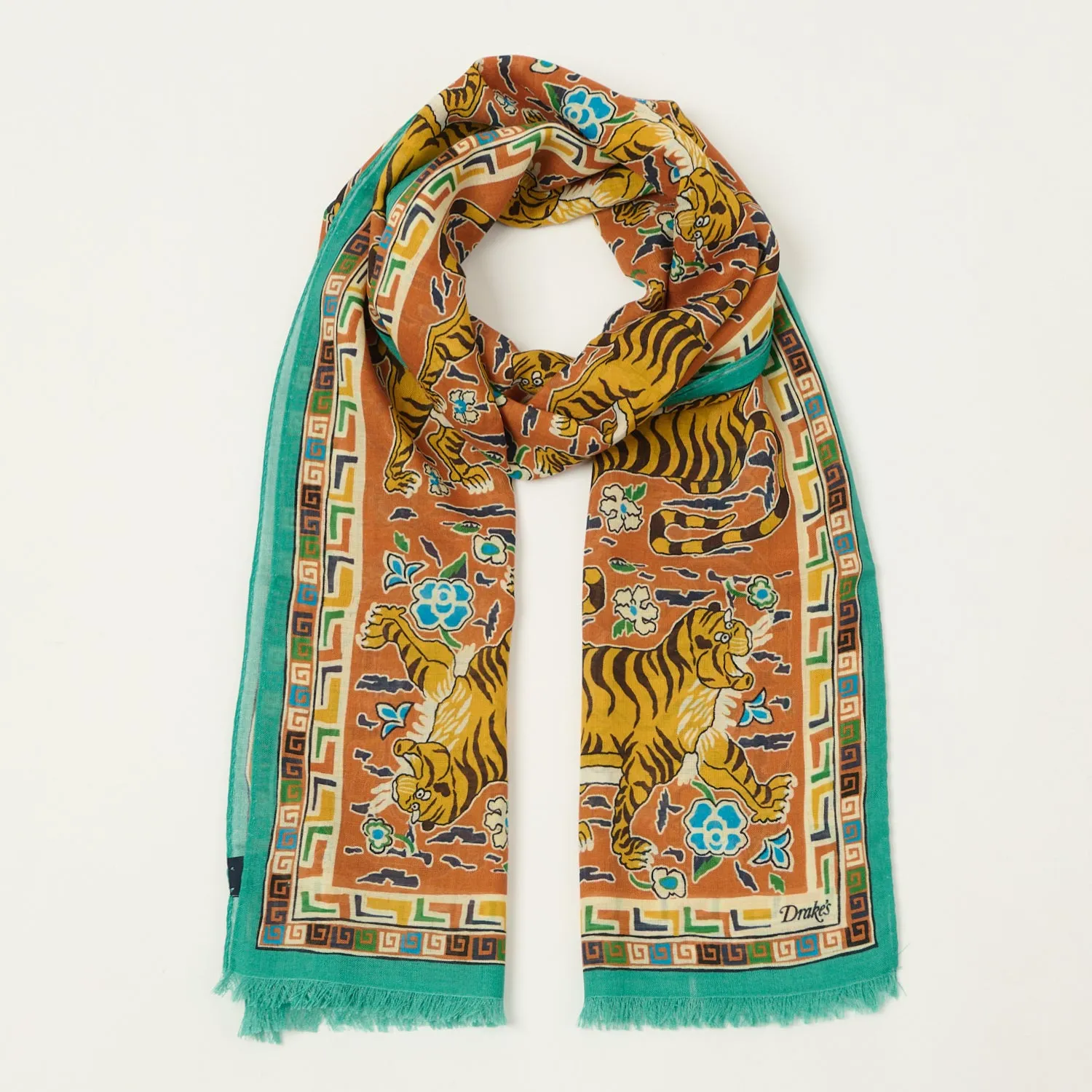 Drake's 'Jumbo Tiger' Printed Wool/Silk Scarf - Orange sold by Son of a Stag