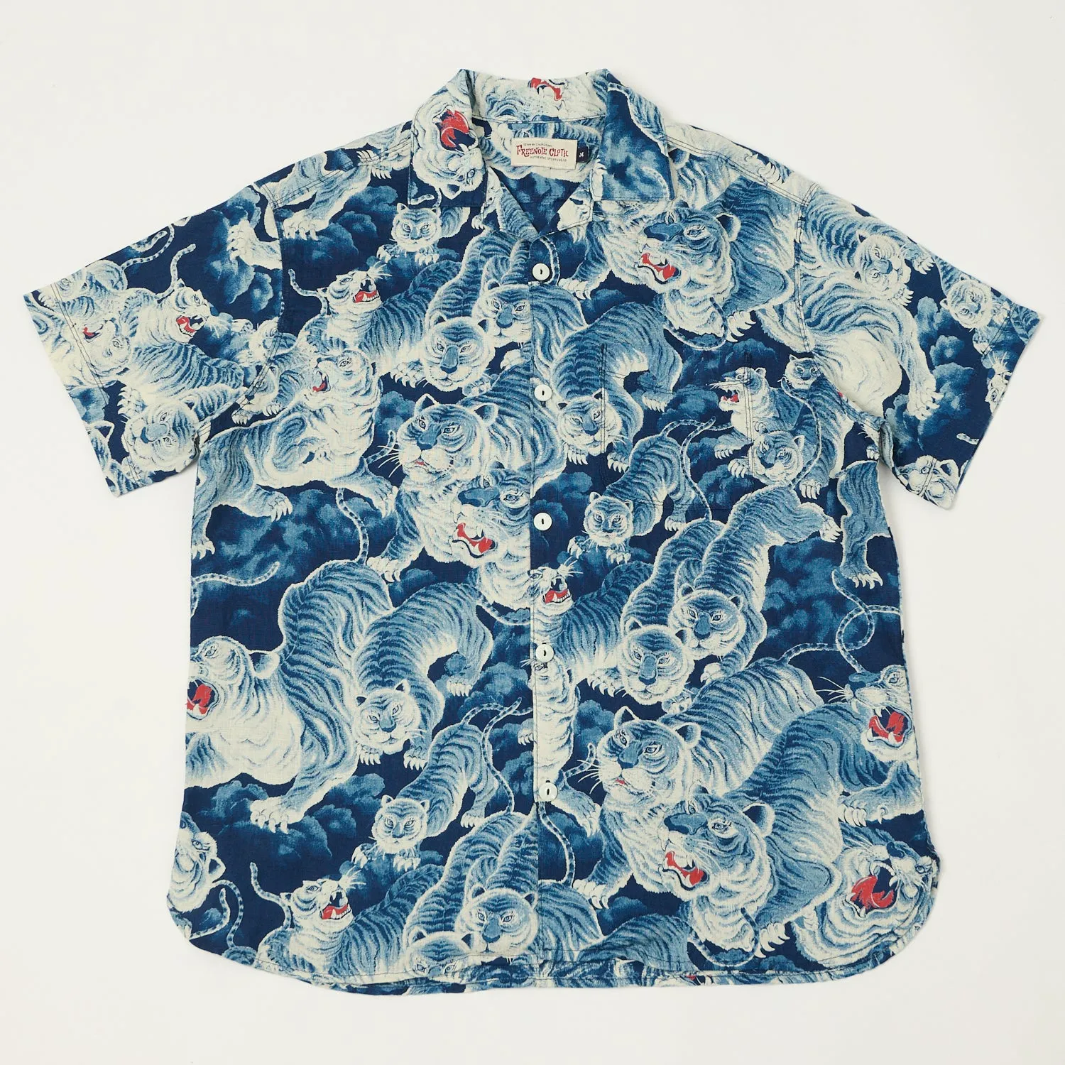 Freenote Cloth 'Hawaiian Tiger' Short Sleeve Shirt - Ice Blue sold by Son of a Stag