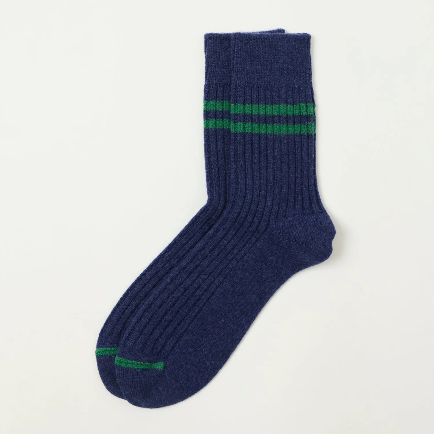 RoToTo Merino Lambs Wool Stripe Sock - Navy Blue/Green sold by Son of a Stag