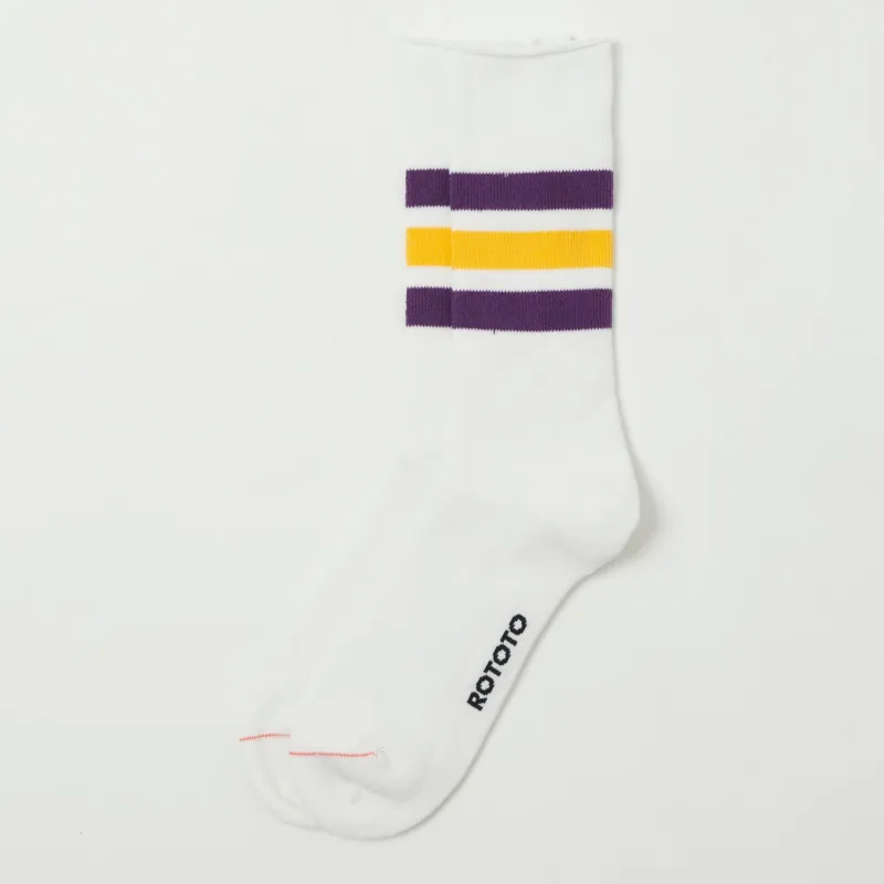 RoToTo Fine Pile Striped Crew Sock - White/Purple/Yellow sold by Son of a Stag