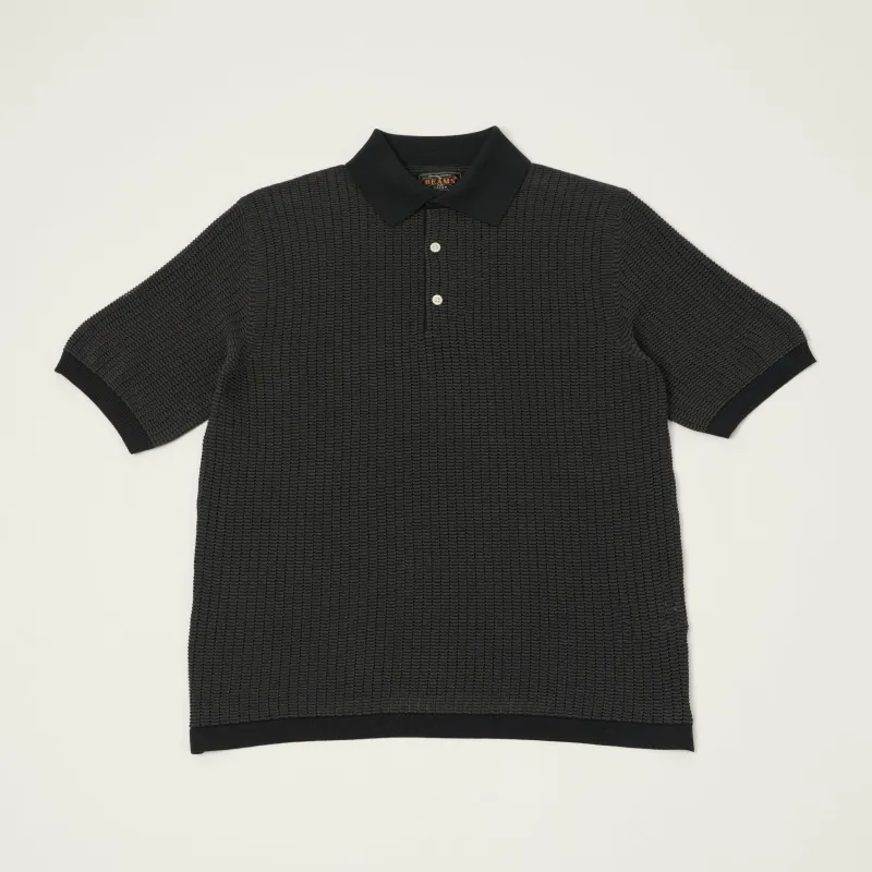 Beams Plus Washi Short Sleeve Knit Polo Shirt - Black made by BEAMS PLUS