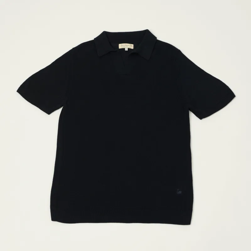 Merz b. Schwanen 'Good Basics' Knitted Polo Shirt - Dark Navy sold by Son of a Stag