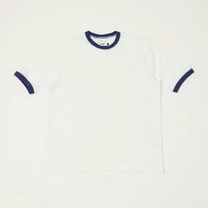 Drake's Cotton Crew Neck Ringer T-Shirt - White/Blue made by Drakes