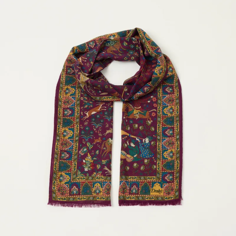 Drake's 'Moghul Garden' Wool/Silk Scarf - Burgundy made by Drakes