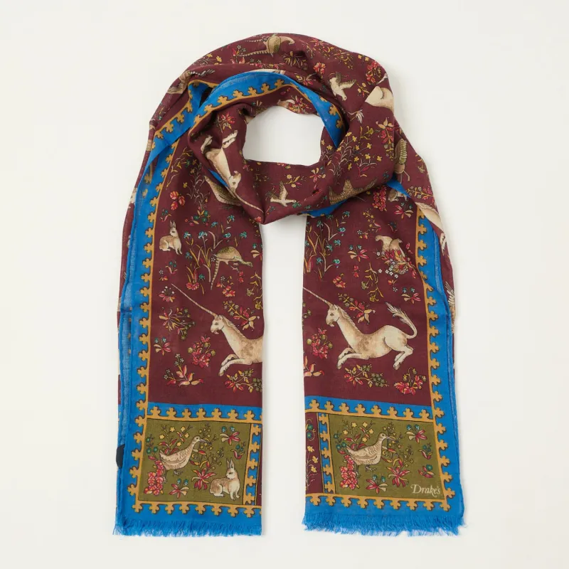 Drake's 'Unicorn' Wool/Silk Scarf - Burgundy made by Drakes