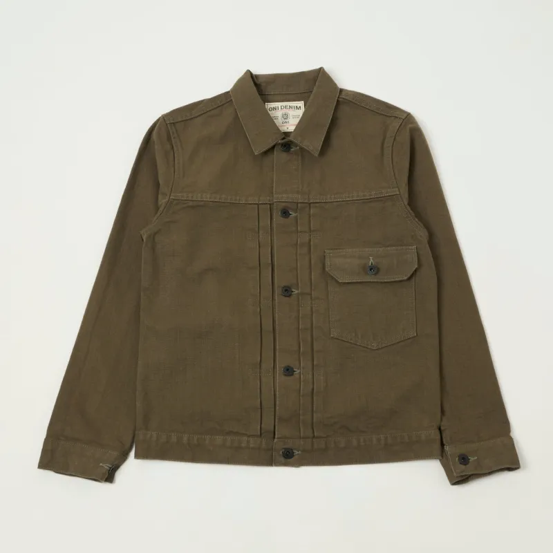 ONI Denim 01507-HOX-BRK 13oz Sulfur Dyed Canvas Type I Denim Jacket - Olive Brown made by Oni