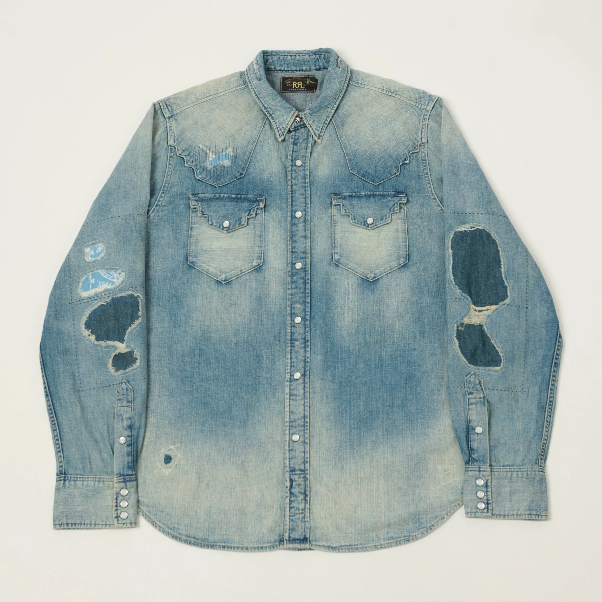 RRL Slim Fit 'Repaired' Denim Western Shirt - Addington Wash sold by Son of a Stag