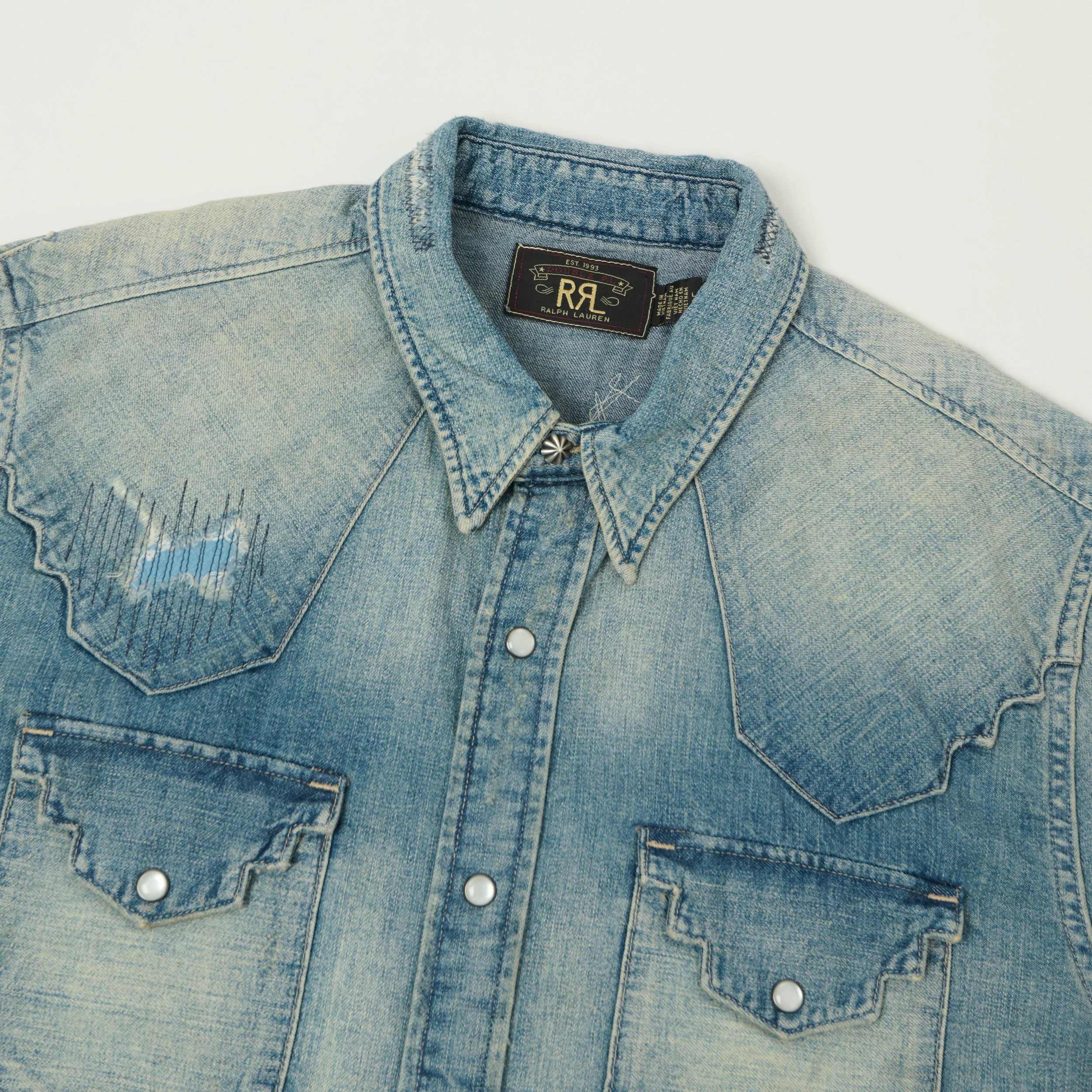 RRL Slim Fit 'Repaired' Denim Western Shirt - Addington Wash sold by Son of a Stag product image thumbnail 2