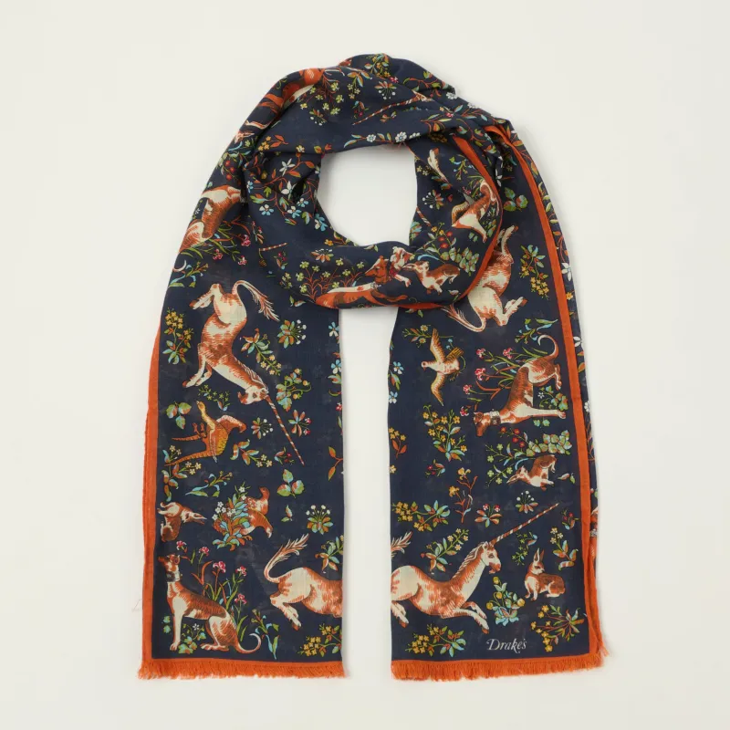 Drake's 'Unicorn Garden' Wool/Silk Scarf - Navy made by Drakes
