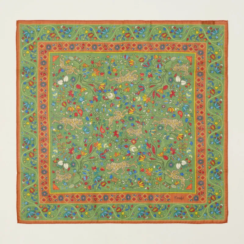Drake's 'Tiger Garden' Wool/Silk Bandana - Green made by Drakes