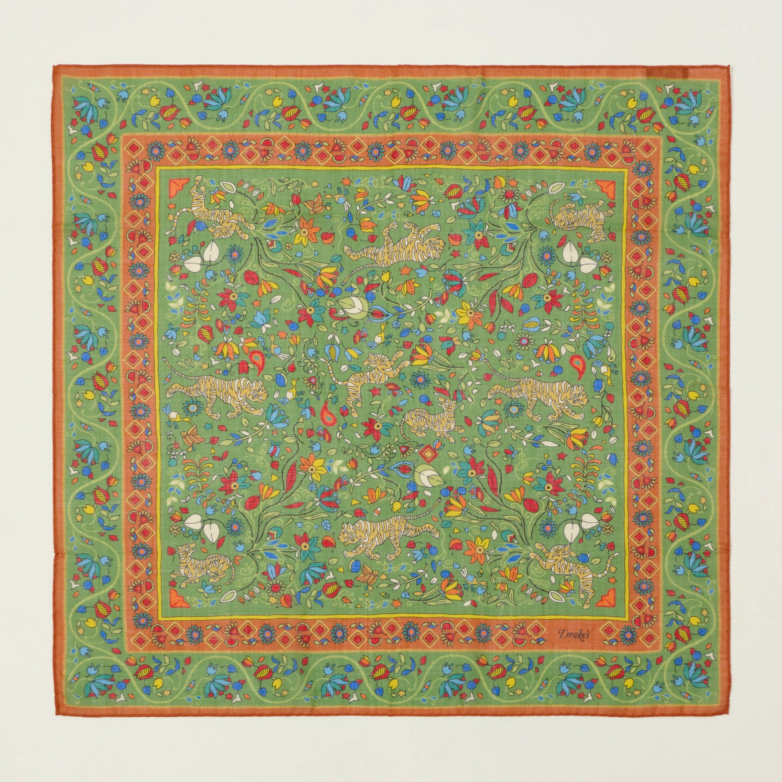 Drake's 'Tiger Garden' Wool/Silk Bandana - Green sold by Son of a Stag