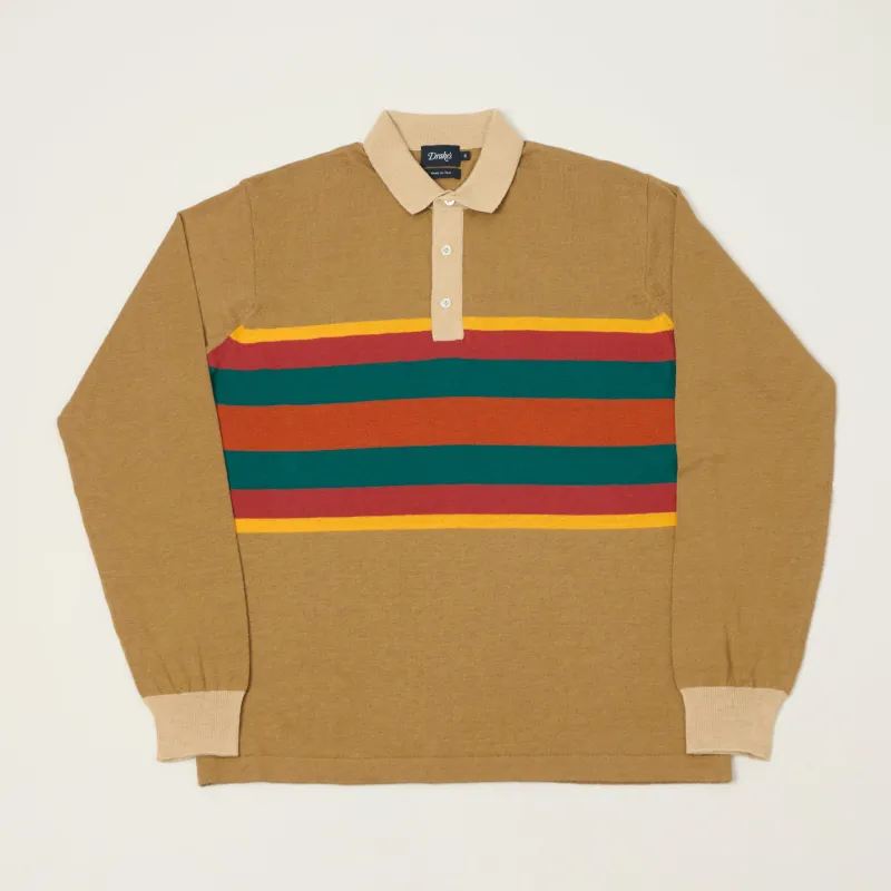 Drake's Striped Linen Cotton Rugby Shirt - Brown/Multi made by Drakes