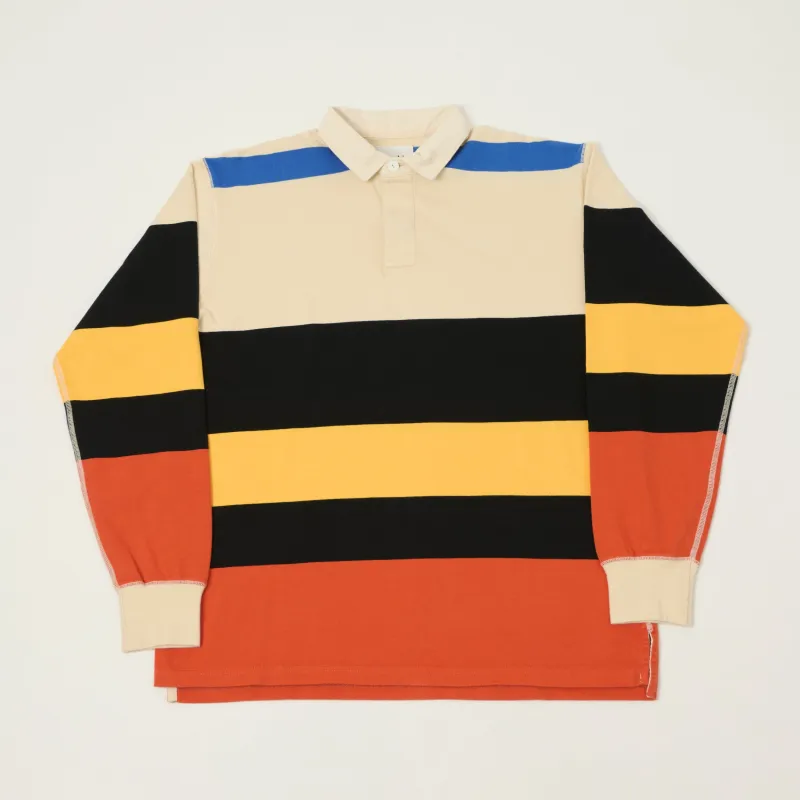 Drake's Multi Stripe Rugby Shirt - Ecru/Black/Orange made by Drakes