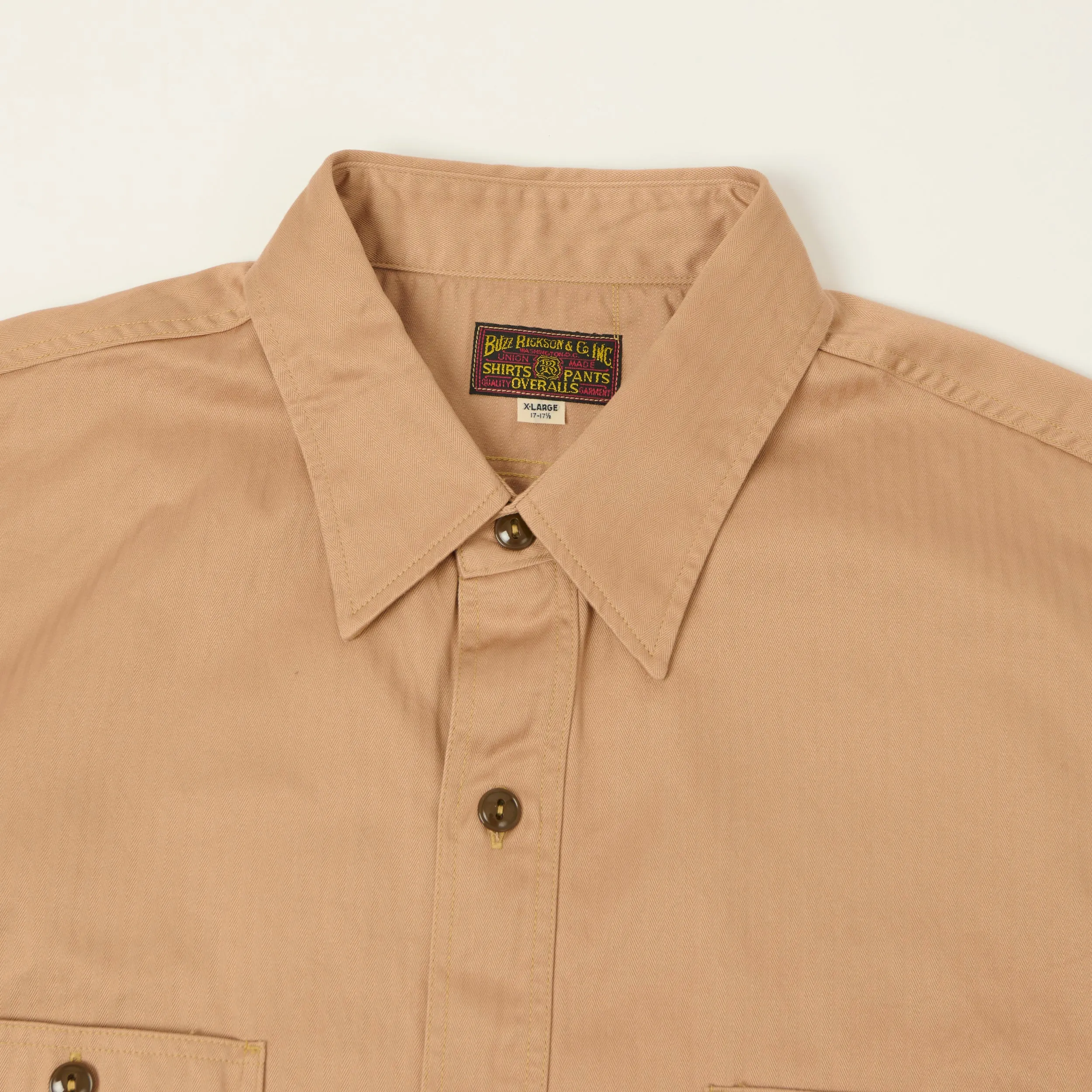 Buzz Rickson's Open Pocket Short Sleeve Herringbone Work Shirt - Beige sold by Son of a Stag product image thumbnail 2