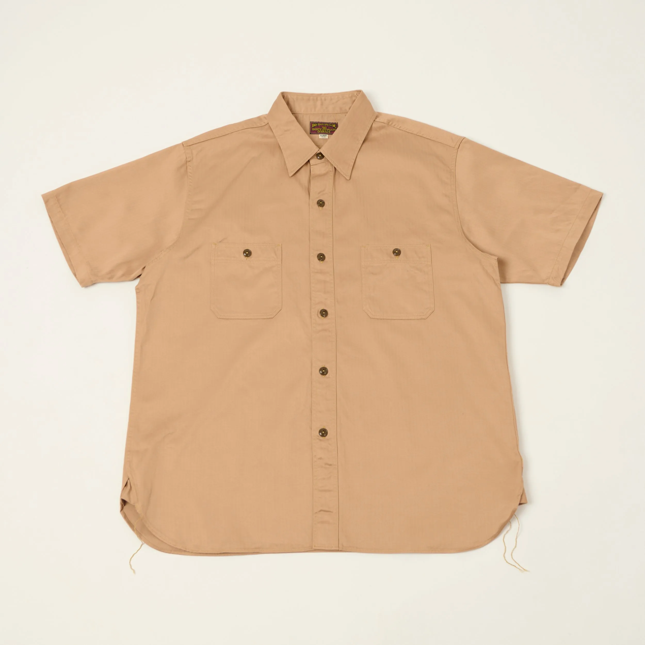Buzz Rickson's Open Pocket Short Sleeve Herringbone Work Shirt - Beige sold by Son of a Stag
