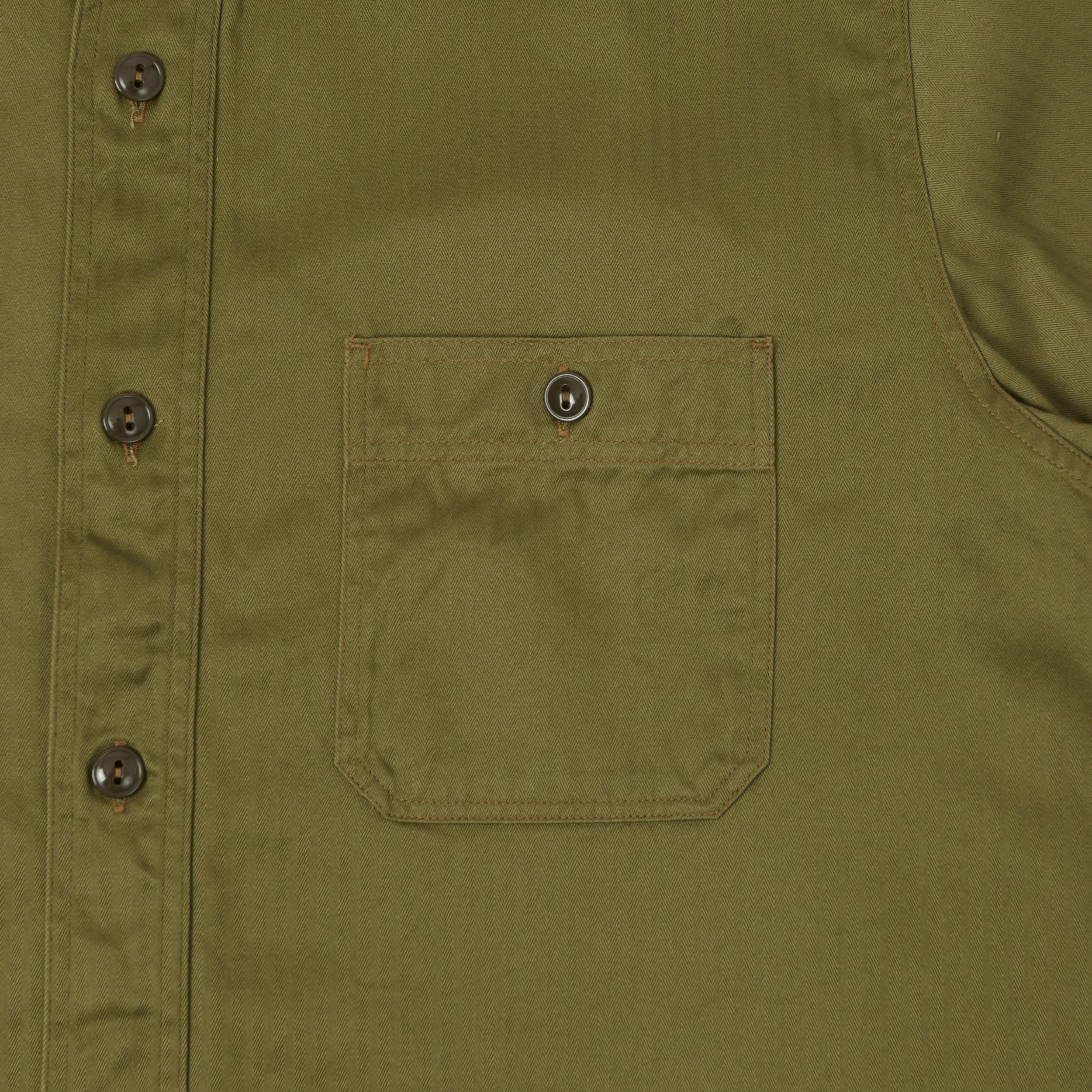 Buzz Rickson's Open Pocket Short Sleeve Herringbone Work Shirt - Olive sold by Son of a Stag product image thumbnail 4