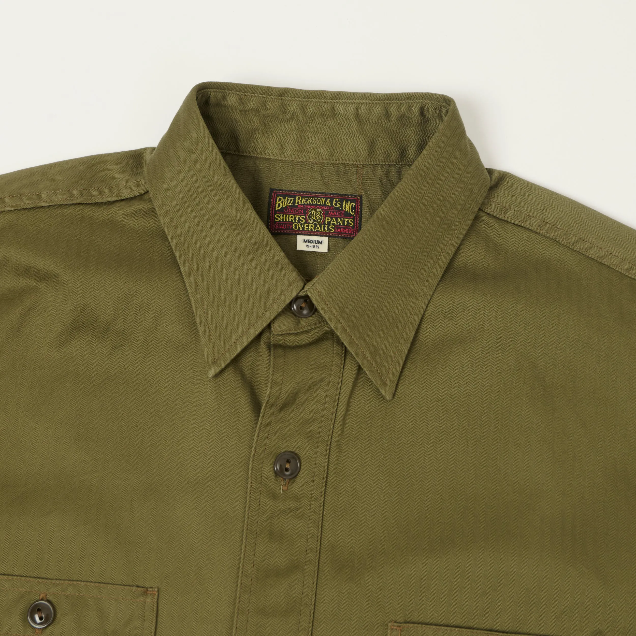 Buzz Rickson's Open Pocket Short Sleeve Herringbone Work Shirt - Olive sold by Son of a Stag product image thumbnail 2