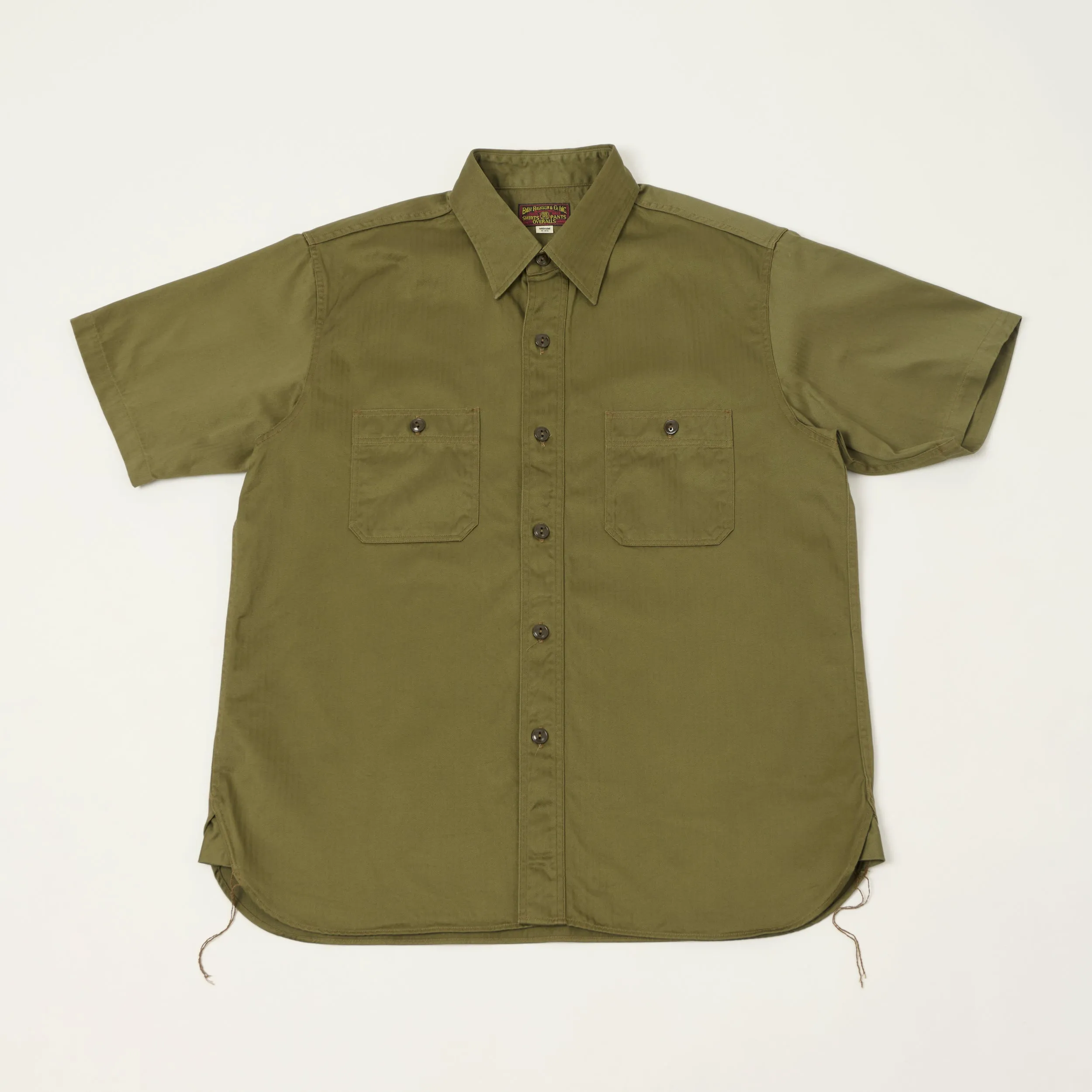 Buzz Rickson's Open Pocket Short Sleeve Herringbone Work Shirt - Olive sold by Son of a Stag