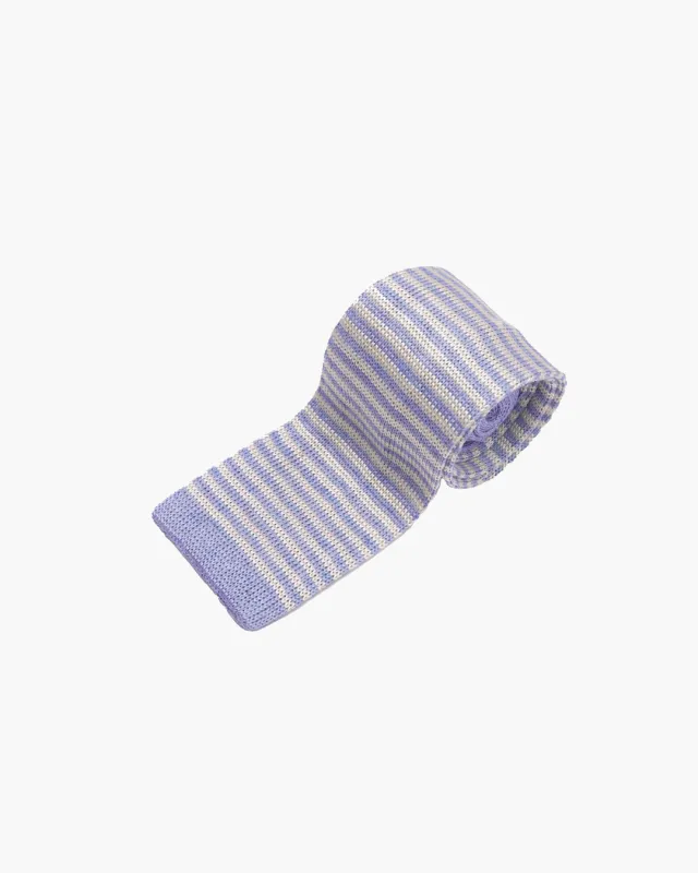 Silk & Linen Knitted Tie - Blue & Cream Thin Stripe sold by John Simons