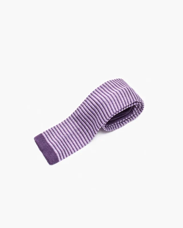 Silk Knitted Tie - Purple Tonal Thin Stripes sold by John Simons