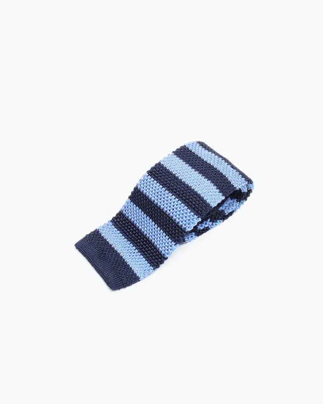 Silk Knitted Tie - Navy & Blue Stripe sold by John Simons