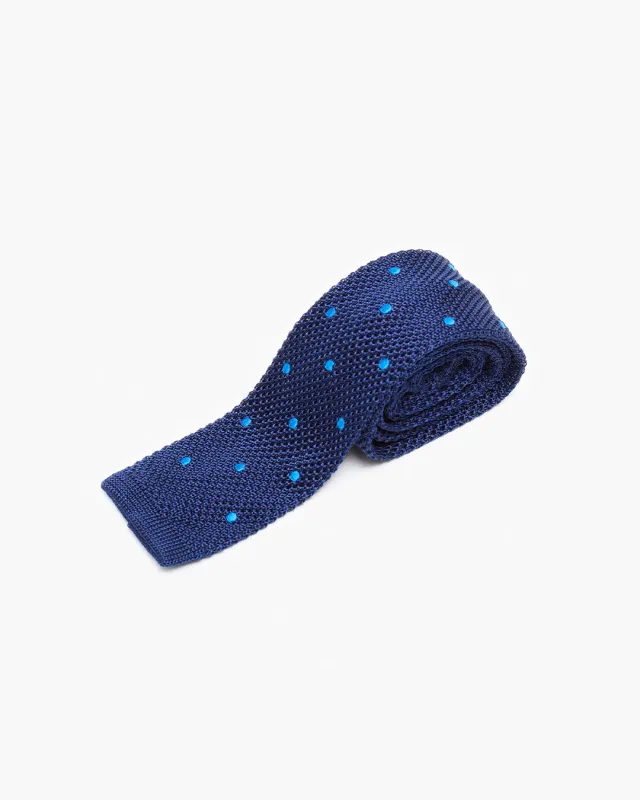 Silk Knitted Tie - Navy & Blue Polka Dot sold by John Simons