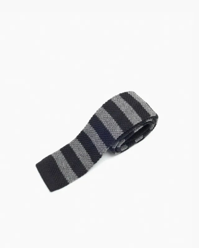 Cotton Knitted Tie - Black & Grey Stripe sold by John Simons