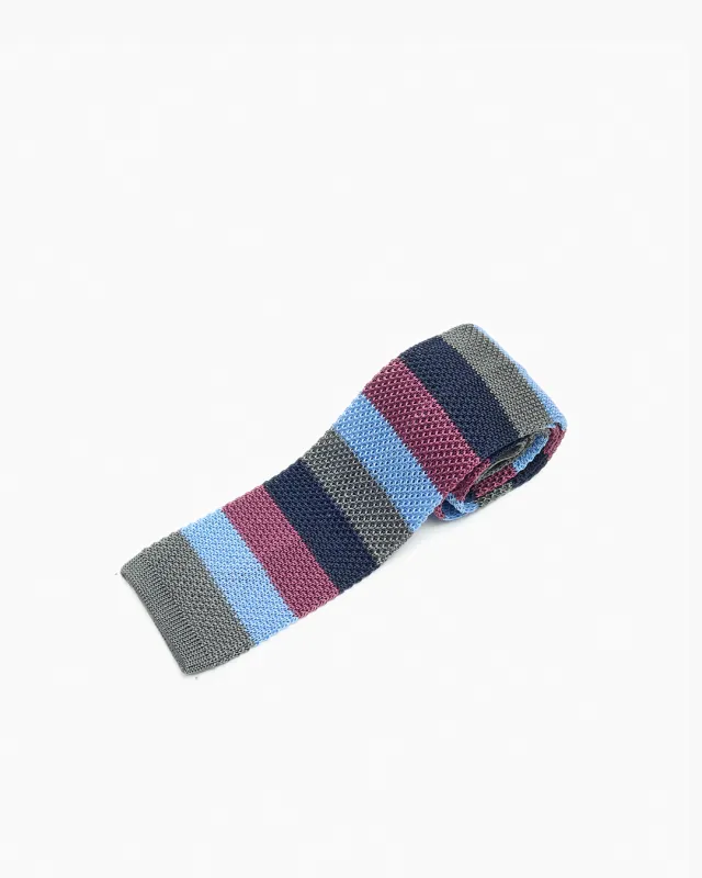 Silk Knitted Tie - Burgundy, Grey & Blue Stripe sold by John Simons