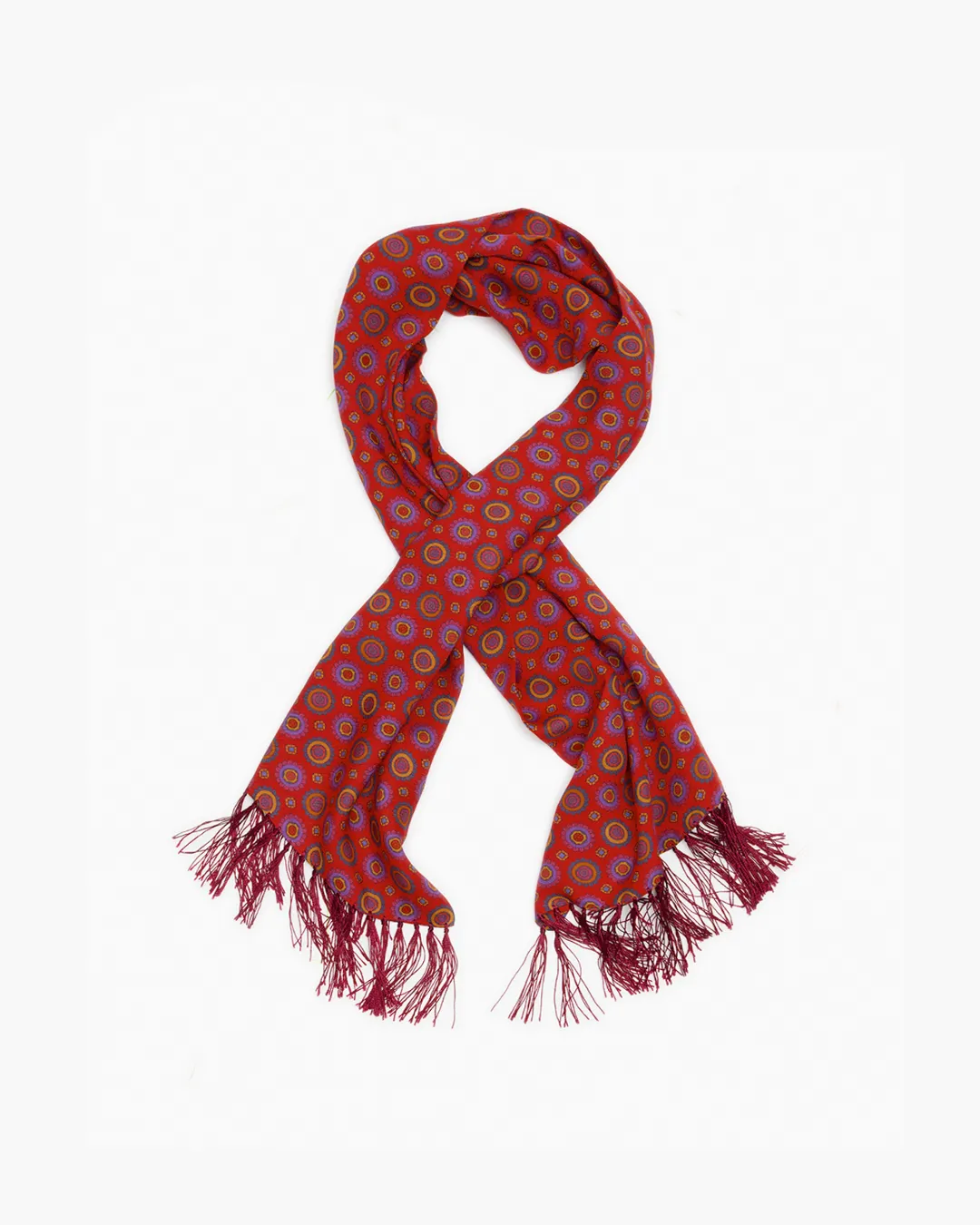 Rich Red Geometric Design Fringed Scarf sold by John Simons