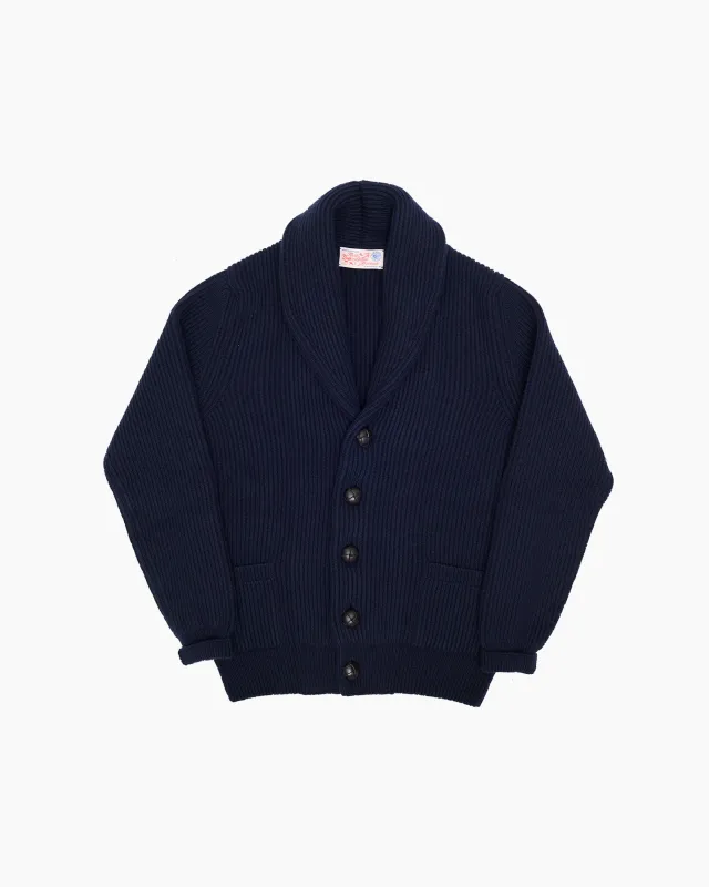 Navy Ribbed Shawl Collar Shetland Cardigan sold by John Simons