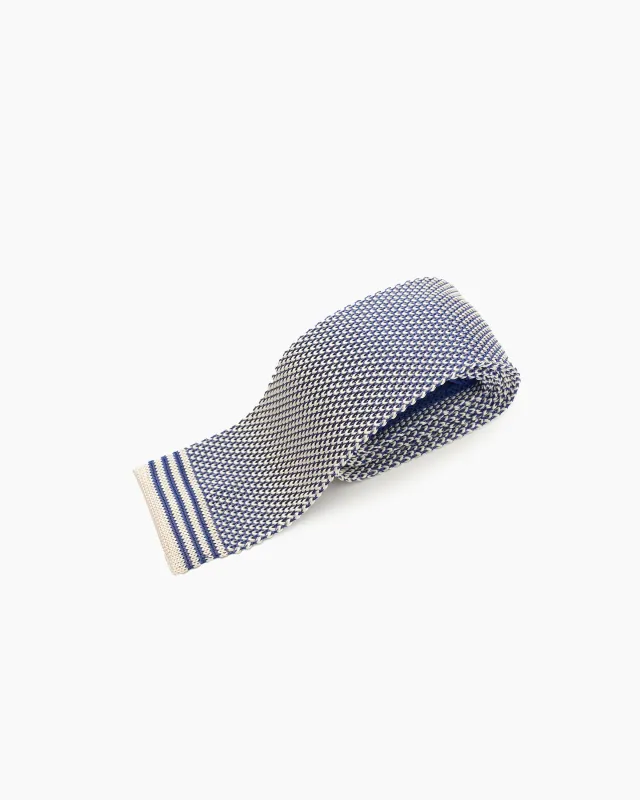 Silk Knitted Tie - Navy & White Weave sold by John Simons